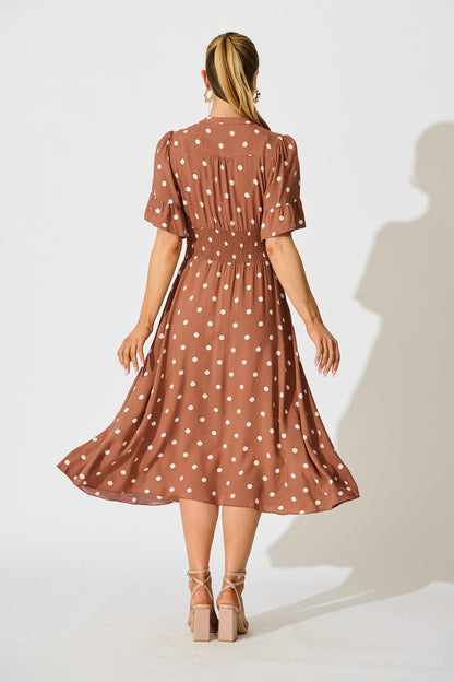 Noree Midi Dress in Brown with White Polka Dot
