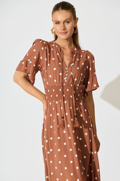 Noree Midi Dress in Brown with White Polka Dot