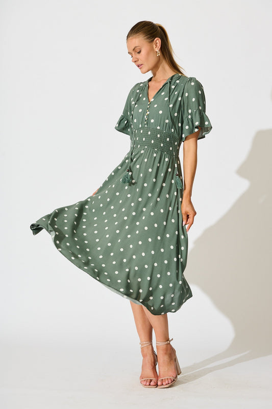 Noree Midi Dress in Khaki with White Polka Dot