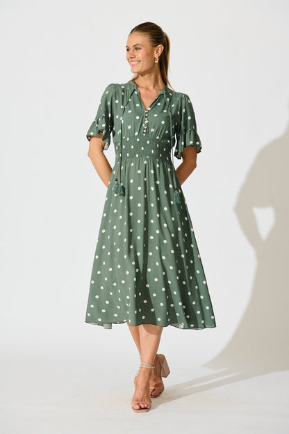 Noree Midi Dress in Khaki with White Polka Dot