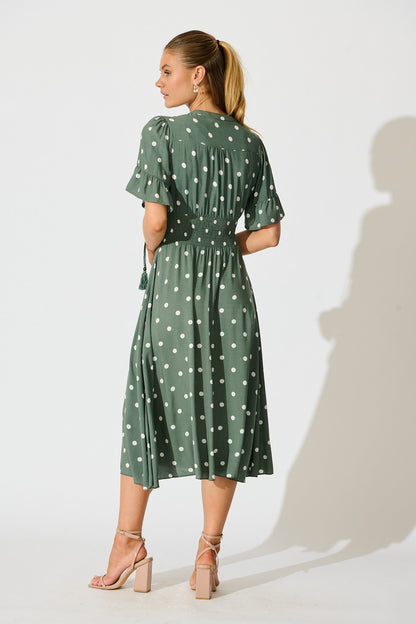 Noree Midi Dress in Khaki with White Polka Dot