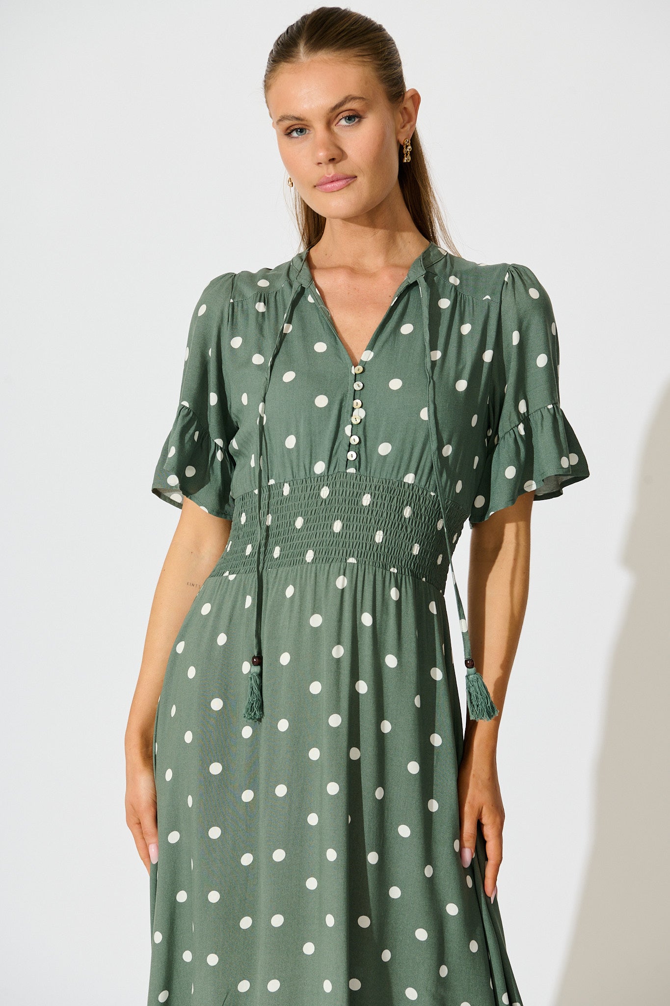 Noree Midi Dress in Khaki with White Polka Dot