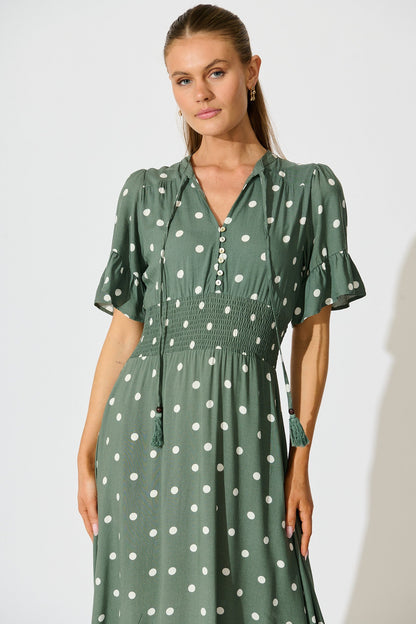 Noree Midi Dress in Khaki with White Polka Dot