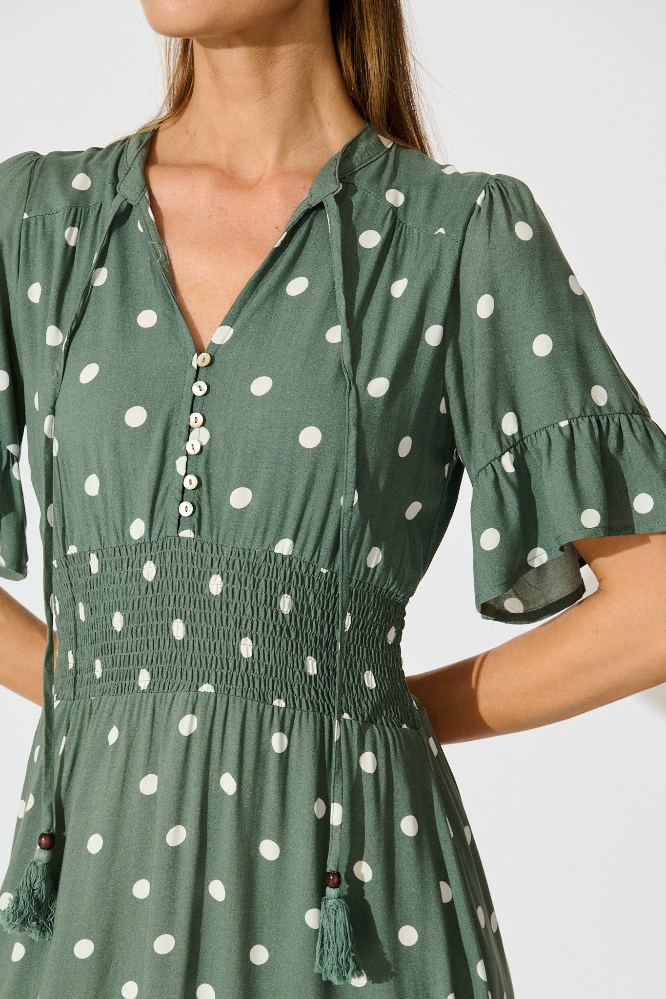 Noree Midi Dress in Khaki with White Polka Dot