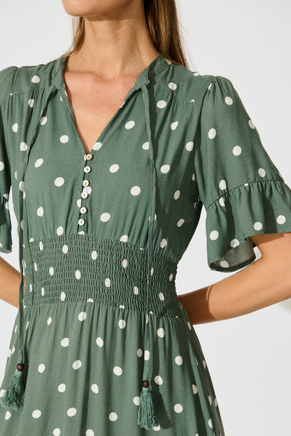 Noree Midi Dress in Khaki with White Polka Dot
