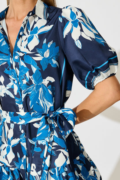 Fione Shirt Dress in Navy Floral Satin