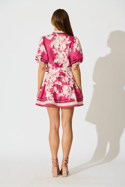 Fione Shirt Dress in Magenta Floral Satin