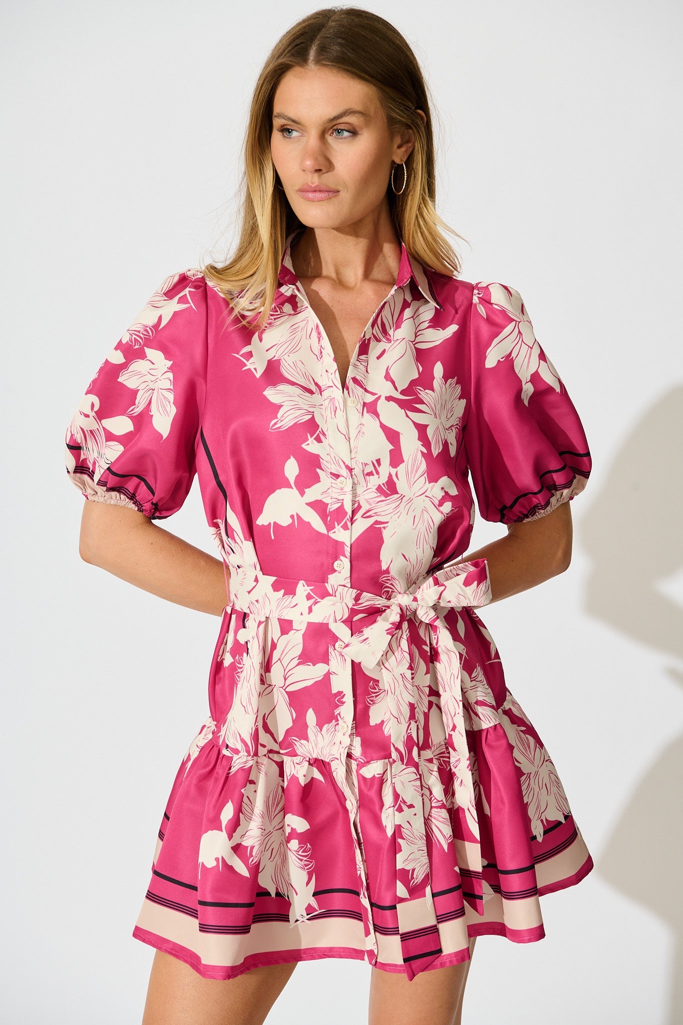 Fione Shirt Dress in Magenta Floral Satin
