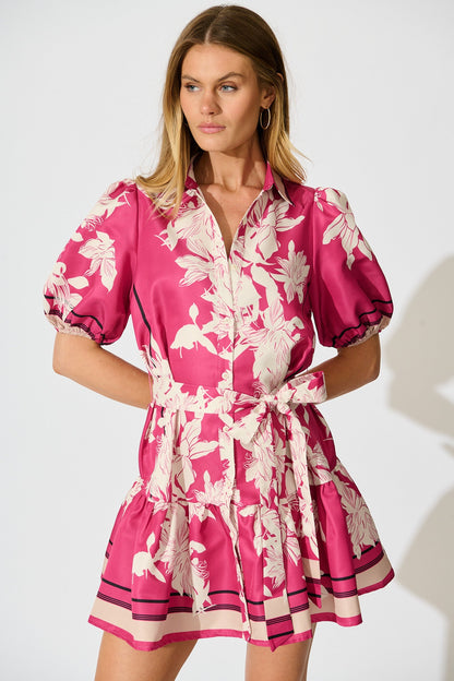 Fione Shirt Dress in Magenta Floral Satin