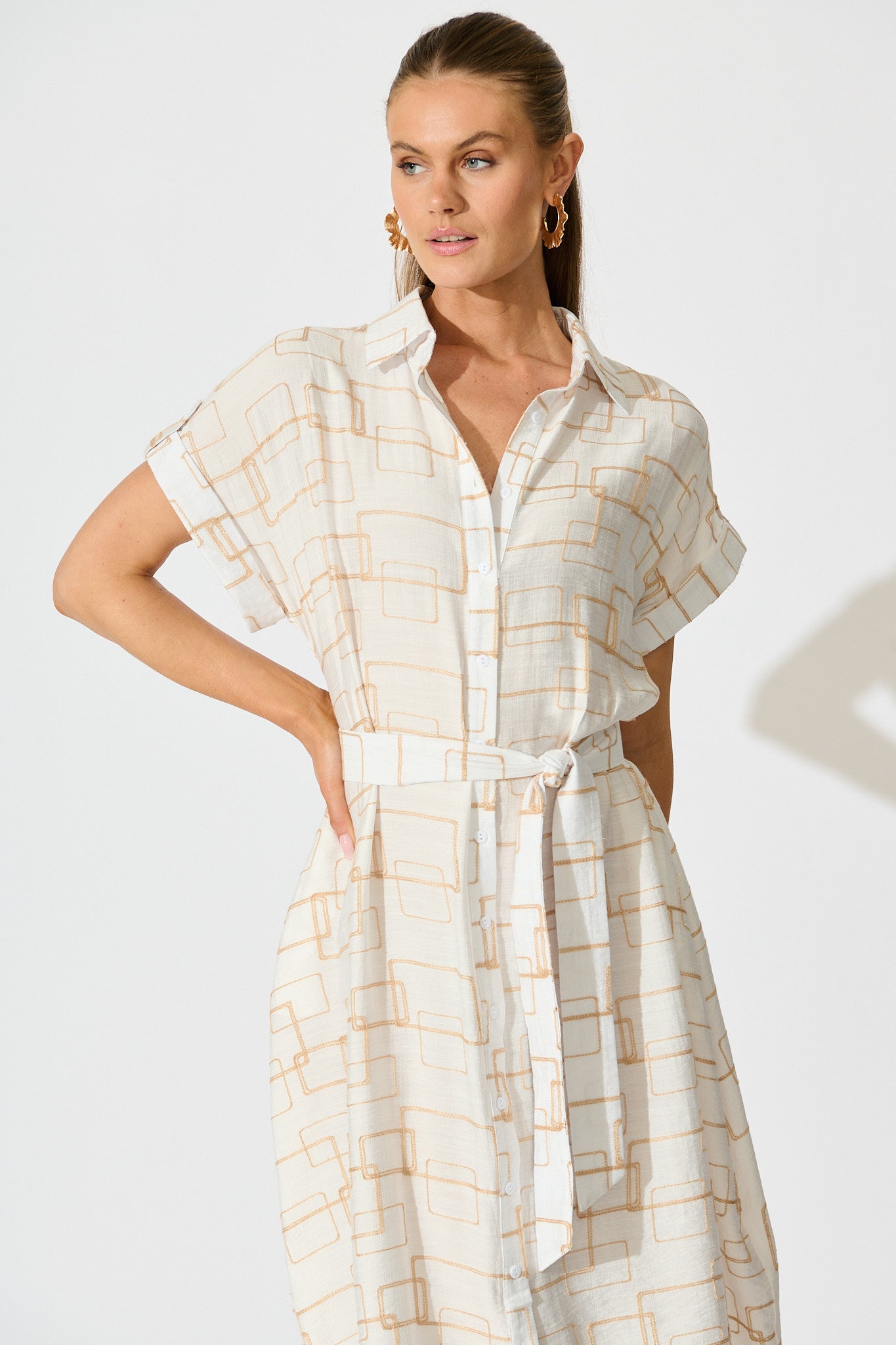 Hartlee Midi Shirt Dress in White Embroidery Linen Blend