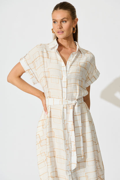 Hartlee Midi Shirt Dress in White Embroidery Linen Blend