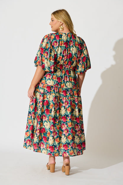 Amalie Midi Dress in Jade Floral Print