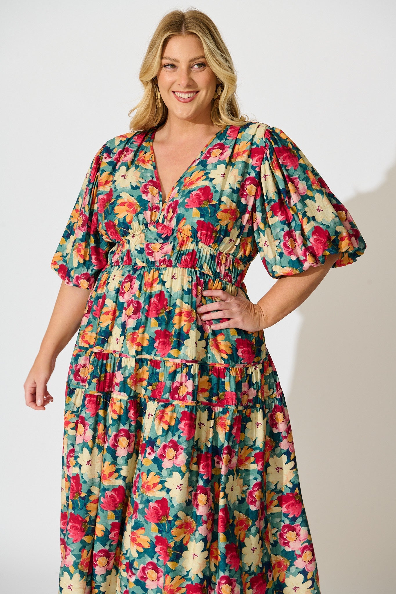 Amalie Midi Dress in Jade Floral Print