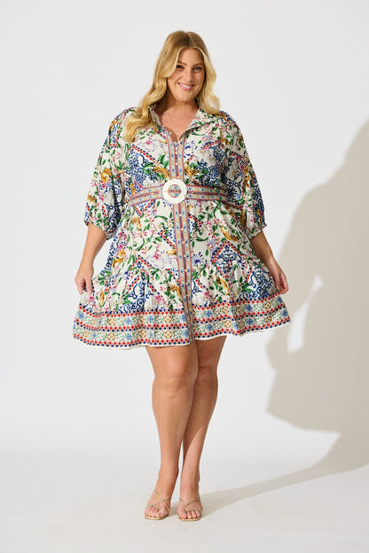 Sicilian Tile Dress in White with Multi Print