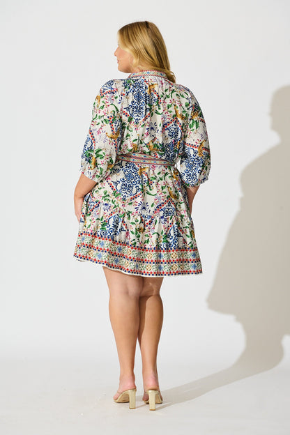 Sicilian Tile Dress in White with Multi Print