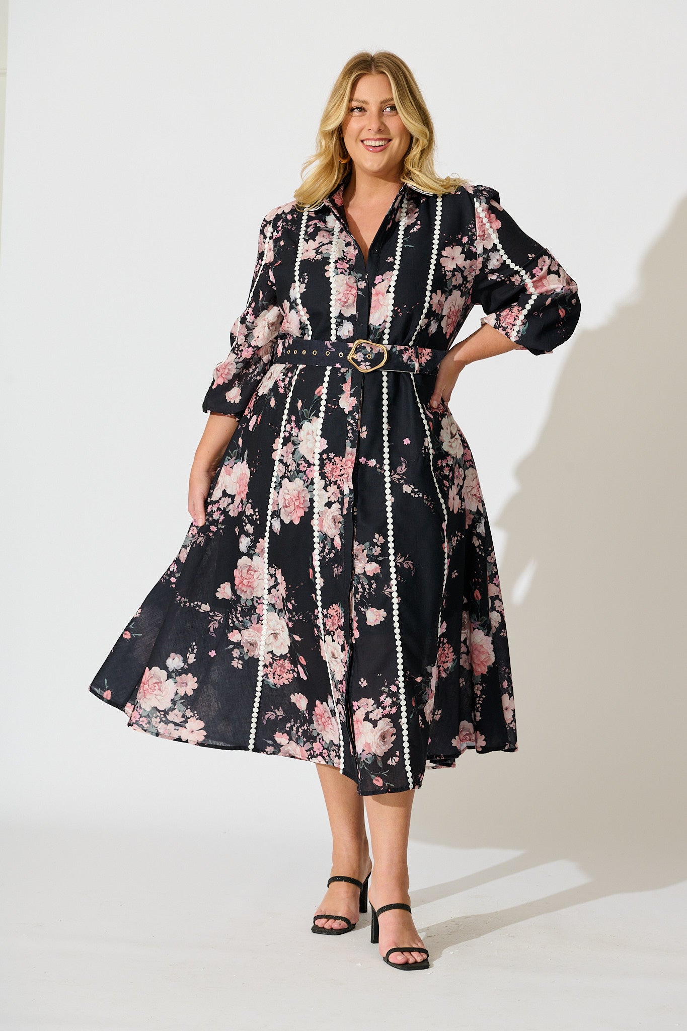 Art Of Bloom Midi Shirt Dress in Black with Blush Floral Linen Blend