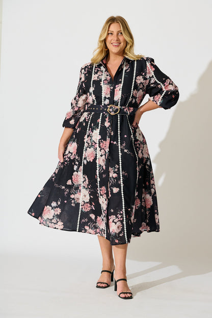 Art Of Bloom Midi Shirt Dress in Black with Blush Floral Linen Blend