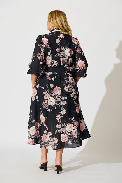 Art Of Bloom Midi Shirt Dress in Black with Blush Floral Linen Blend
