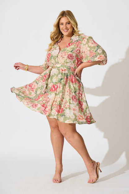 Vintage Blossom Dress in Sage with Blush Floral