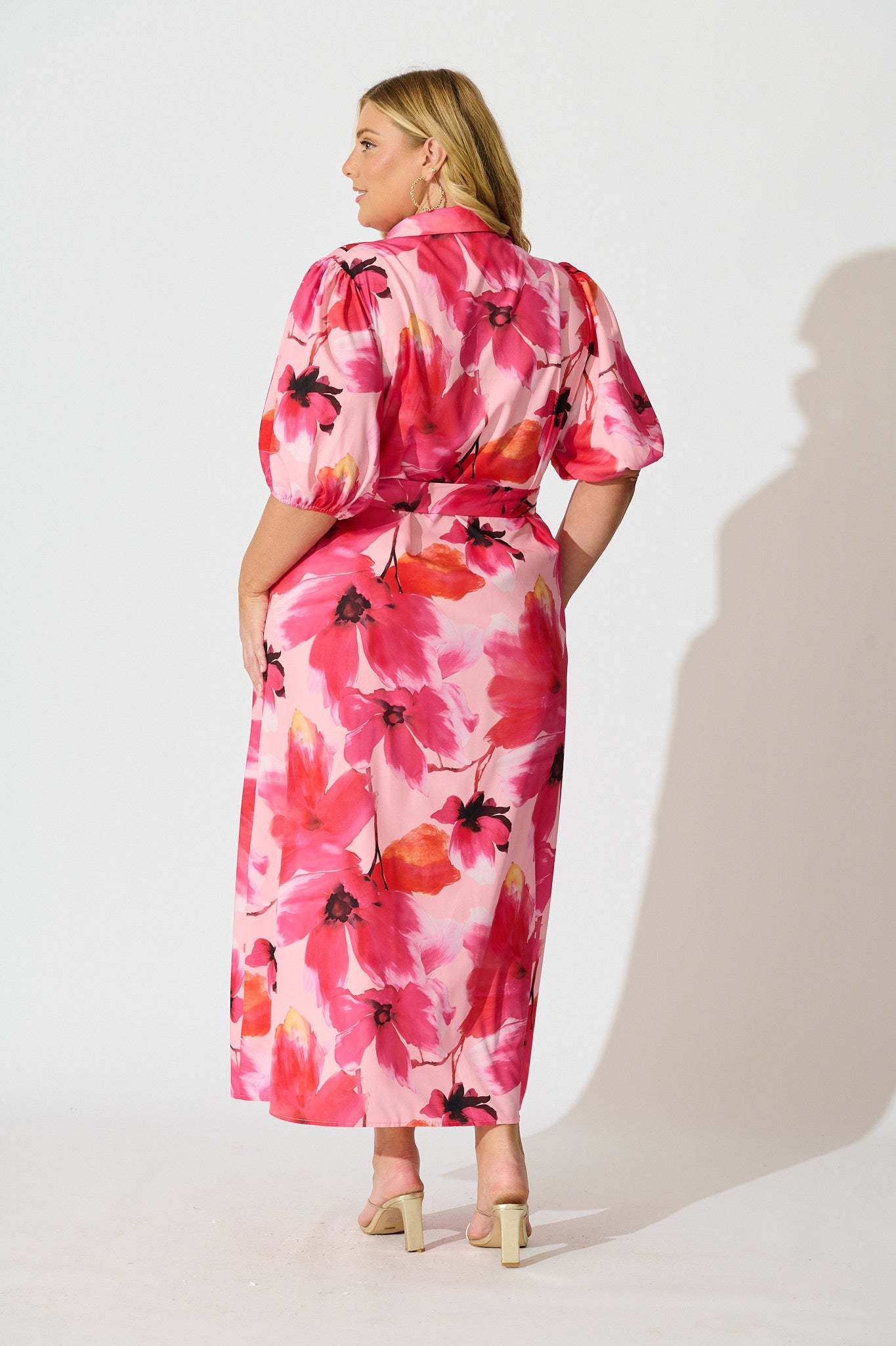 Gabriela Maxi Shirt Dress in Pink Floral Satin