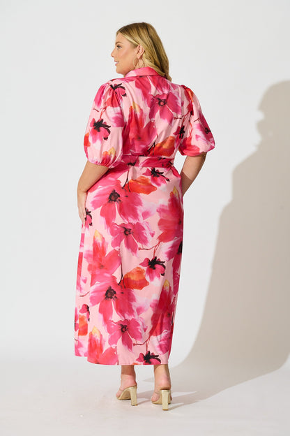 Gabriela Maxi Shirt Dress in Pink Floral Satin