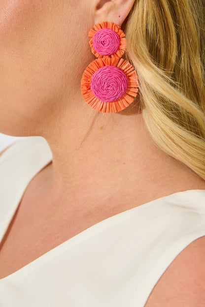 Poppy Earrings in Fuchsia and Tangerine Raffia