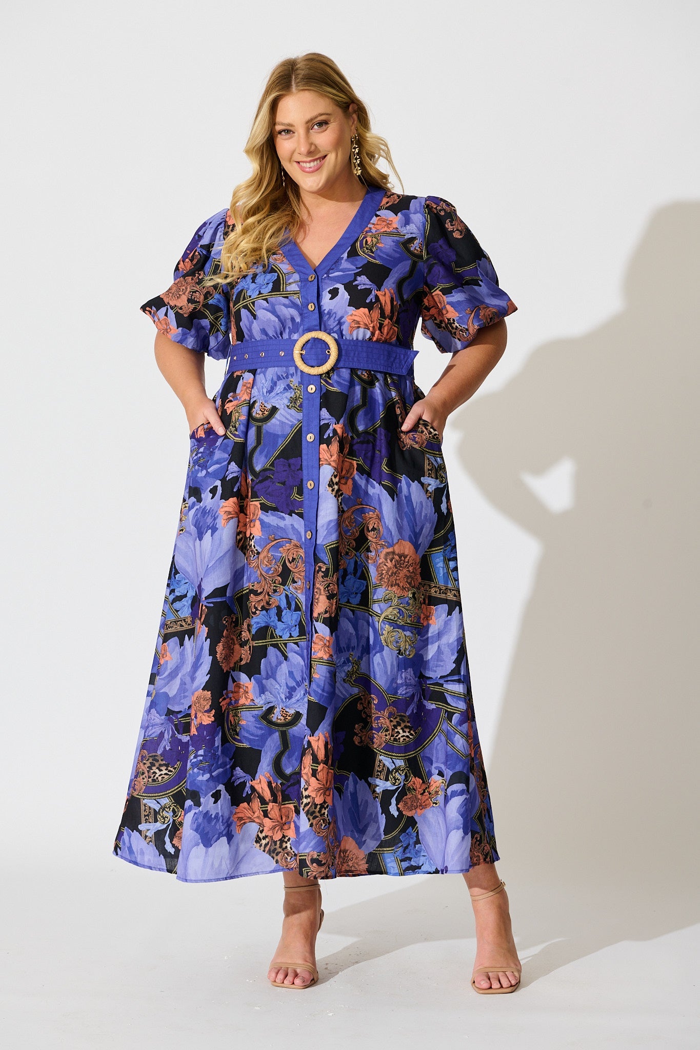 Mystical Bloom Maxi Dress in Blue with Multi Linen Blend