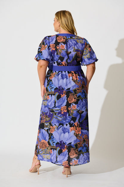 Mystical Bloom Maxi Dress in Blue with Multi Linen Blend