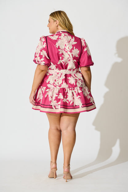 Fione Shirt Dress in Magenta Floral Satin