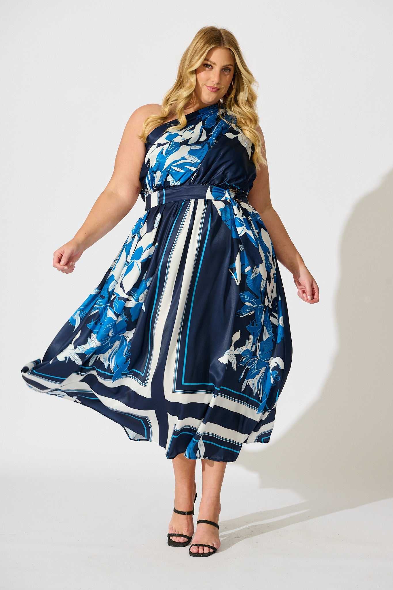 Bernadette One Shoulder Midi Dress in Navy with Floral Satin