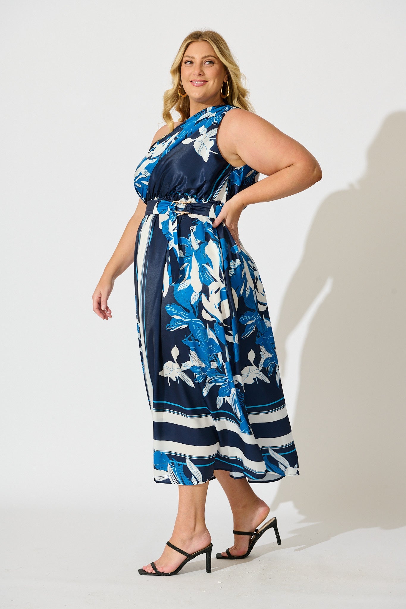 Bernadette One Shoulder Midi Dress in Navy with Floral Satin