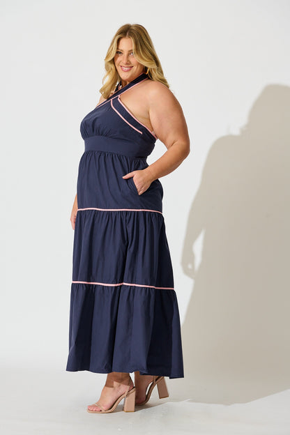 Celandine Halter Neck Maxi Dress in Navy Cotton