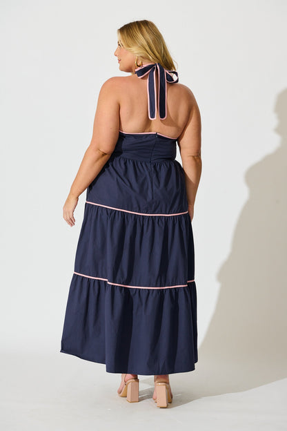Celandine Halter Neck Maxi Dress in Navy Cotton