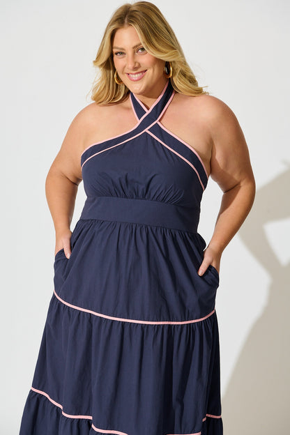 Celandine Halter Neck Maxi Dress in Navy Cotton