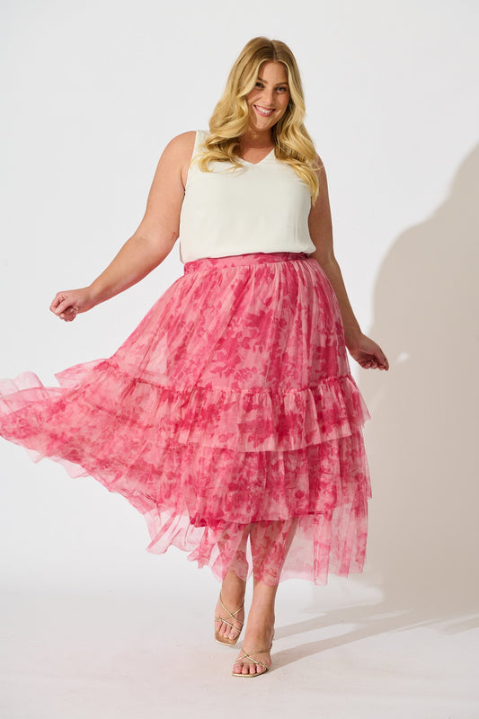 Sky Bloom Midi Skirt in Pink Floral Tulle