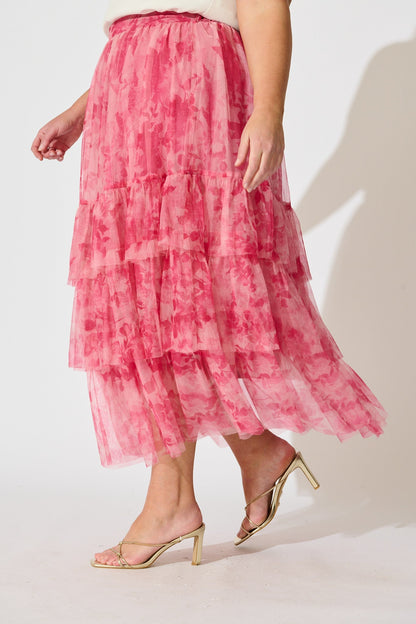 Sky Bloom Midi Skirt in Pink Floral Tulle