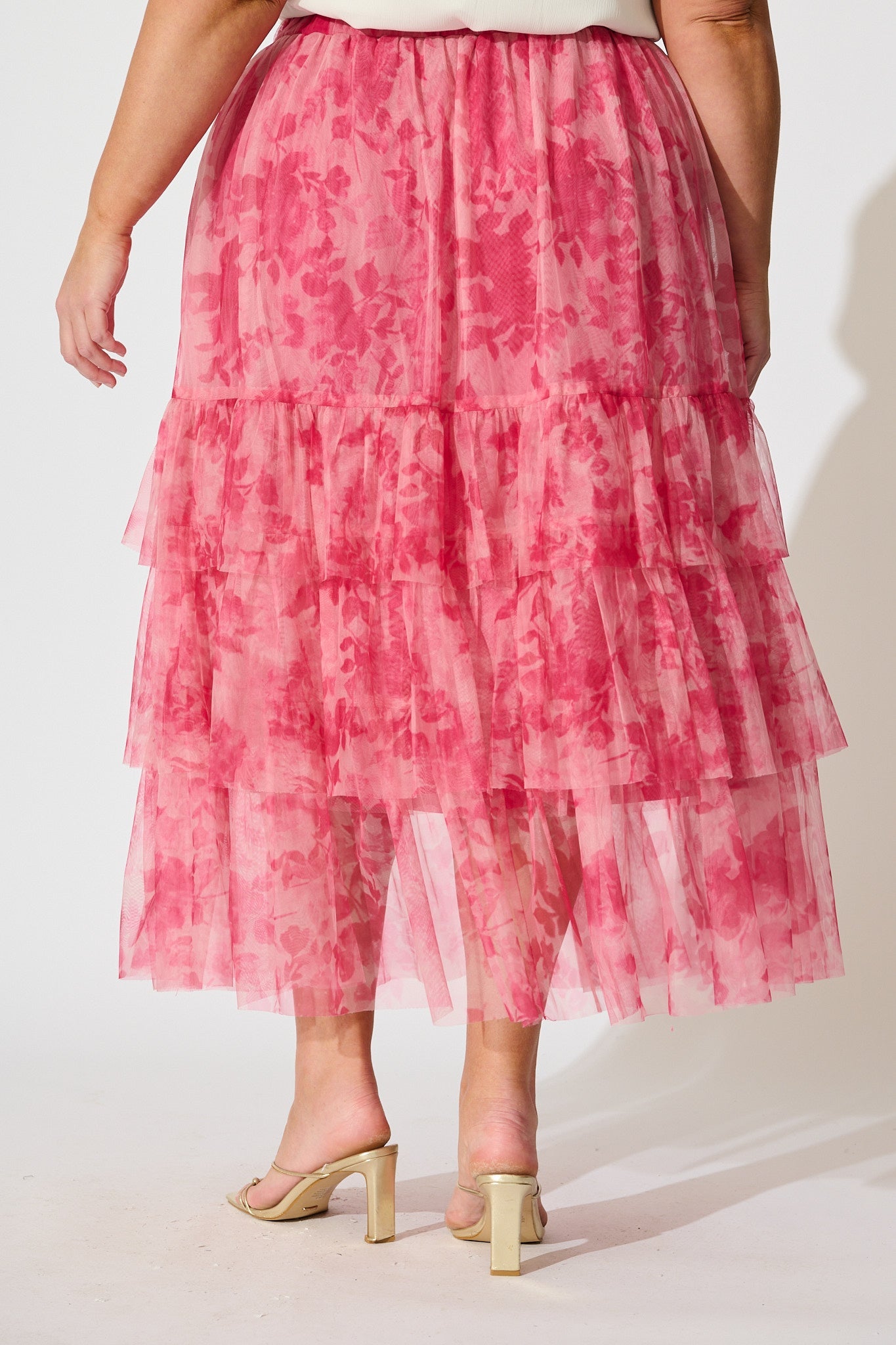 Sky Bloom Midi Skirt in Pink Floral Tulle