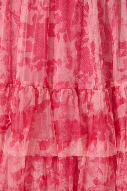 Sky Bloom Midi Skirt in Pink Floral Tulle