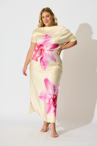 Sarita Maxi Off Shoulder Dress in Butter Yellow Floral Satin
