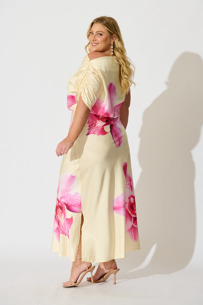 Sarita Maxi Off Shoulder Dress in Butter Yellow Floral Satin
