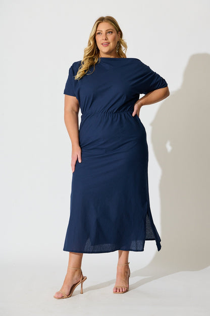 Saffron Sky Maxi Off Shoulder Dress in Navy Cotton