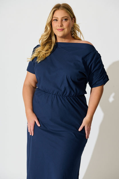 Saffron Sky Maxi Off Shoulder Dress in Navy Cotton