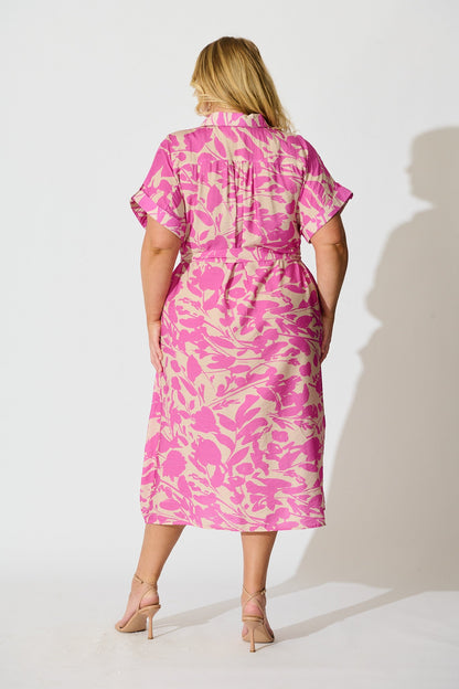 Hartlee Midi Shirt Dress in Cream and Pink Print Linen Blend