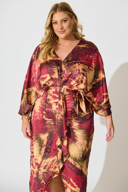 Joyful Midi Dress in Multi Watercolour Satin