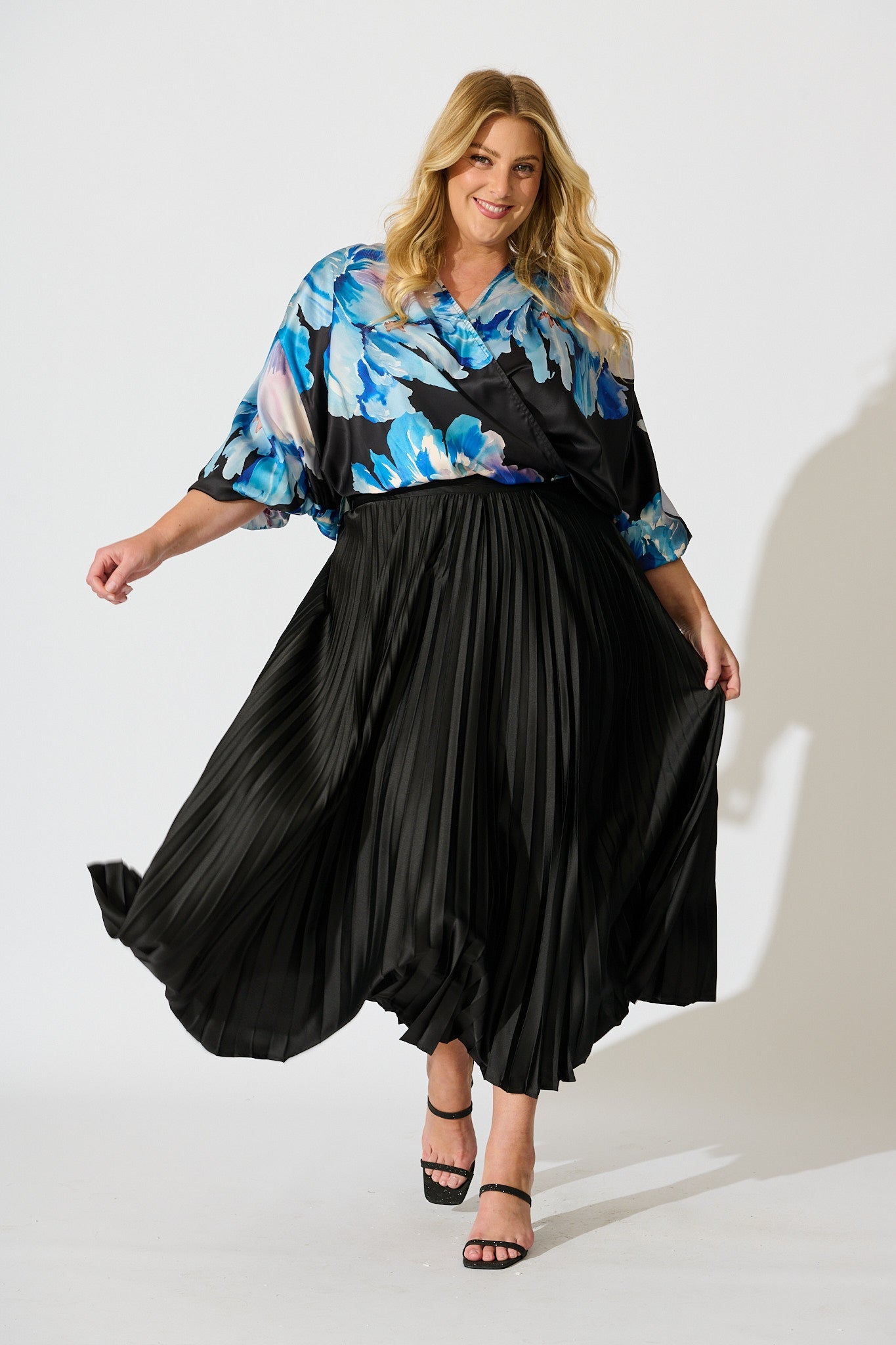 Solita Top in Black with Blue Floral Satin