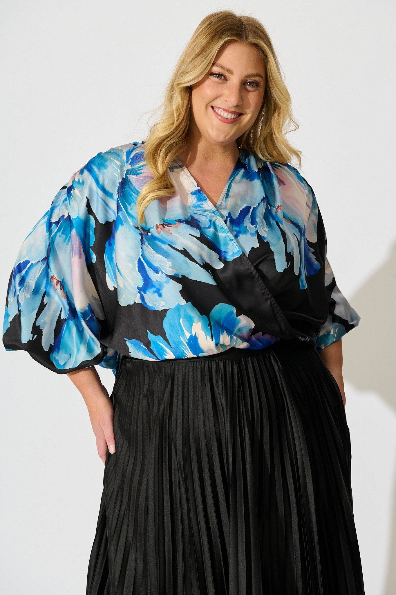Solita Top in Black with Blue Floral Satin