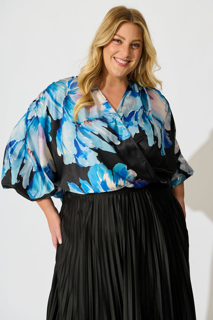 Solita Top in Black with Blue Floral Satin