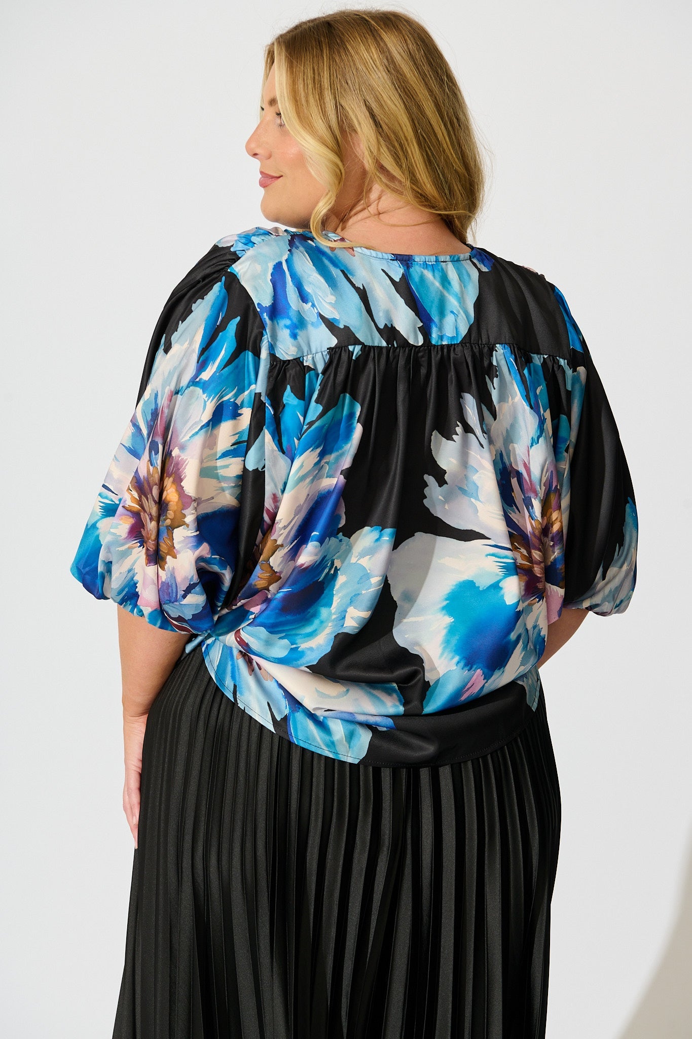 Solita Top in Black with Blue Floral Satin
