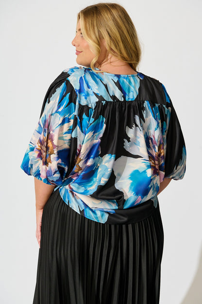 Solita Top in Black with Blue Floral Satin