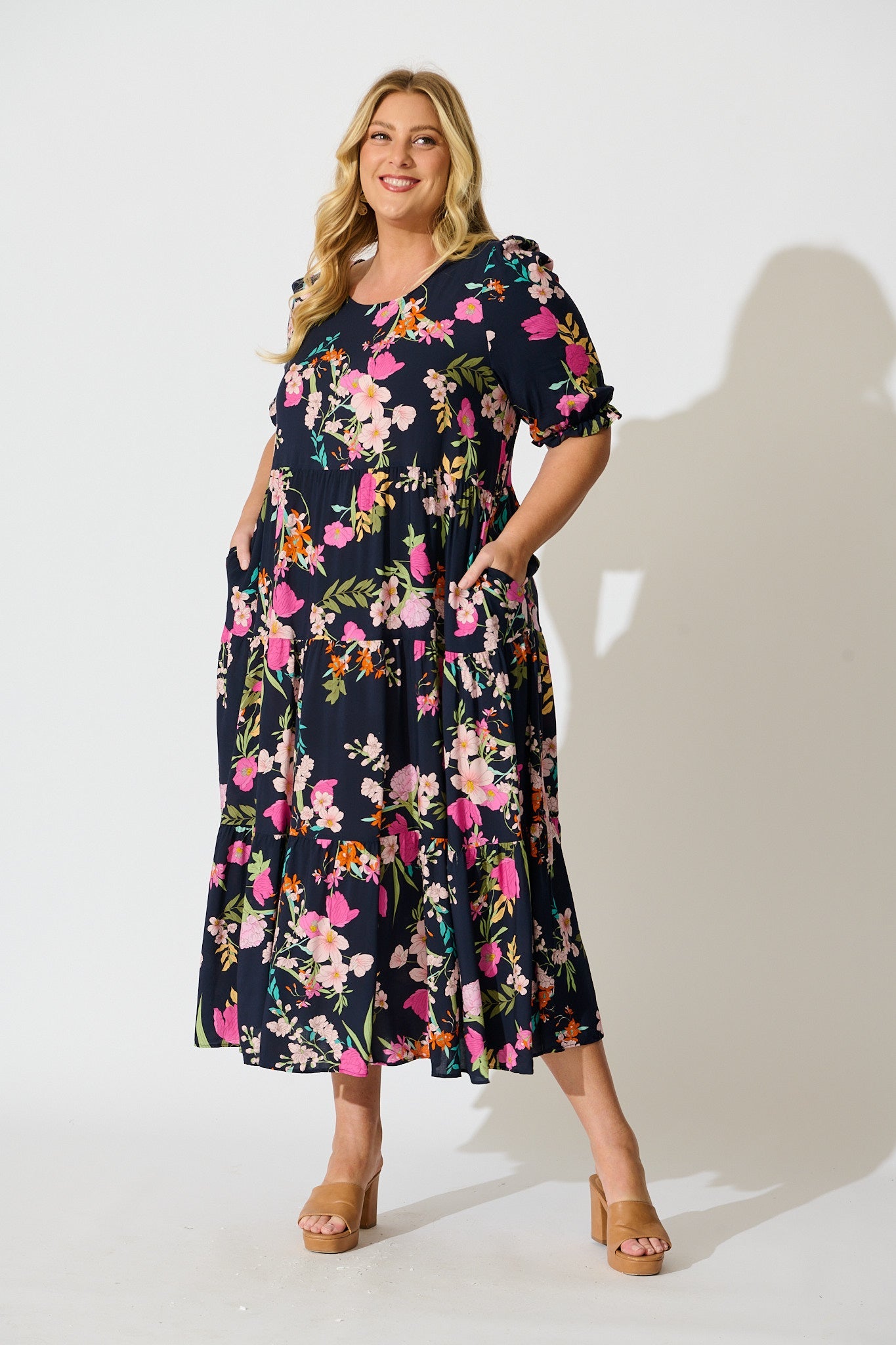Nevi Tiered Midi Dress In Navy Multi Floral